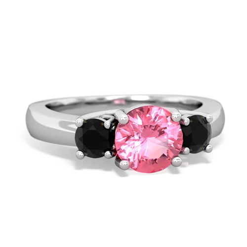 Lab Pink Sapphire Lab Created Pink Sapphire with Genuine Black Onyx and Genuine Swiss Blue Topaz Three Stone Trellis ring Ring