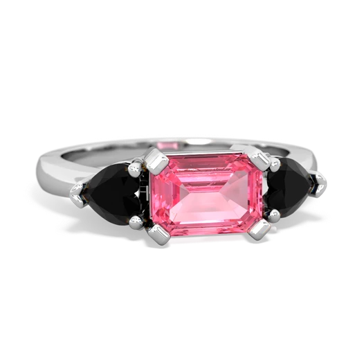 Lab Created Pink Sapphire with Genuine Black Onyx and Genuine London Blue Topaz Three Stone ring