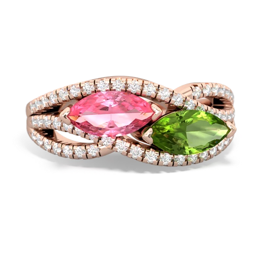 pink sapphire-peridot double heart ring