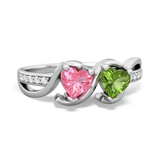 pink sapphire-peridot double heart ring