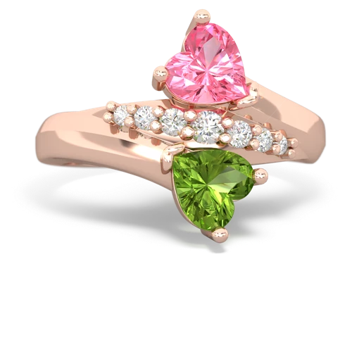 Lab Pink Sapphire Lab Created Pink Sapphire with Genuine Peridot Heart to Heart Bypass ring Ring
