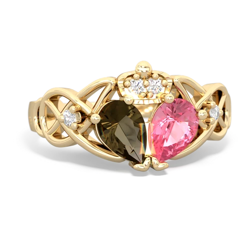 pink sapphire-smoky quartz claddagh ring