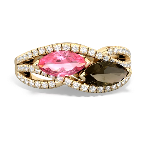 pink sapphire-smoky quartz double heart ring