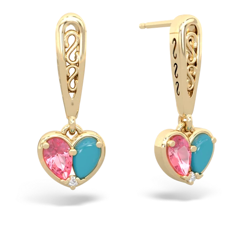 pink sapphire-turquoise filligree earrings