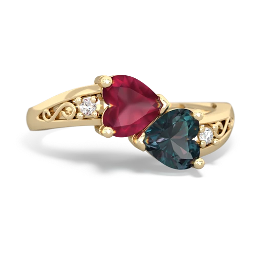 Ruby Genuine Ruby with Lab Created Alexandrite Snuggling Hearts ring Ring
