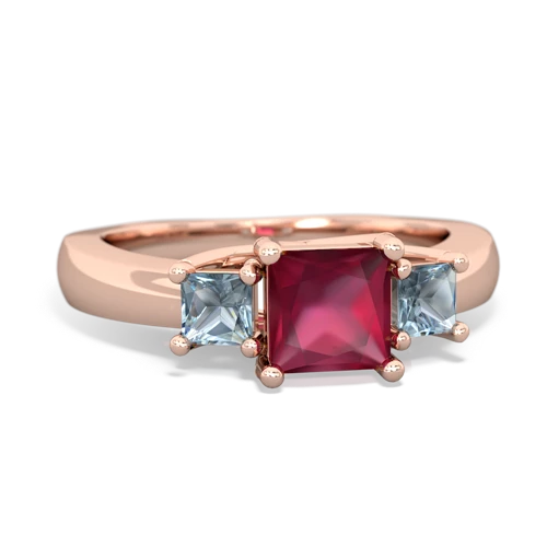 Genuine Ruby with Genuine Aquamarine and Genuine Aquamarine Three Stone Trellis ring