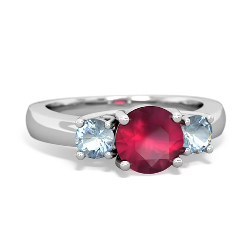 Genuine Ruby with Genuine Aquamarine and Genuine Aquamarine Three Stone Trellis ring