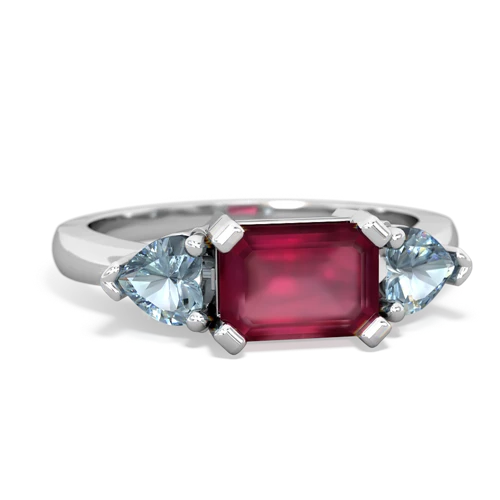 Genuine Ruby with Genuine Aquamarine and Genuine Aquamarine Three Stone ring