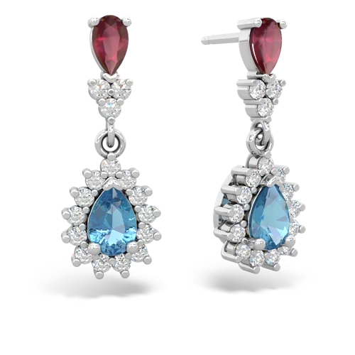 Ruby Genuine Ruby with Genuine Swiss Blue Topaz Halo Pear Dangle earrings Earrings
