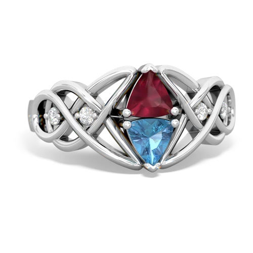 ruby-blue topaz celtic knot ring