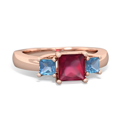 Genuine Ruby with Genuine Swiss Blue Topaz and Genuine Swiss Blue Topaz Three Stone Trellis ring