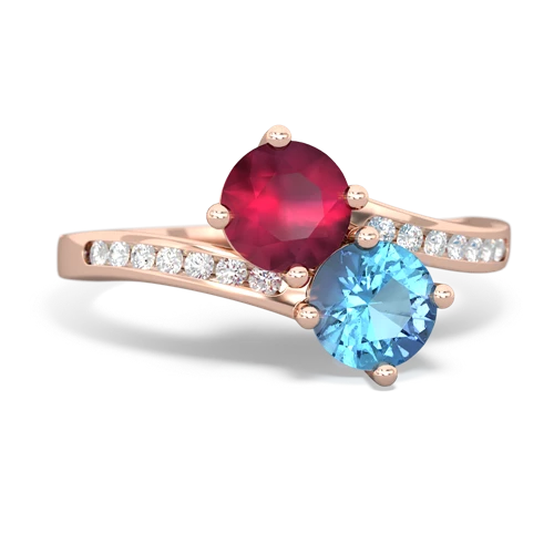 ruby-blue topaz two stone channel ring