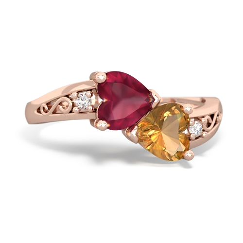 Ruby Genuine Ruby with Genuine Citrine Snuggling Hearts ring Ring