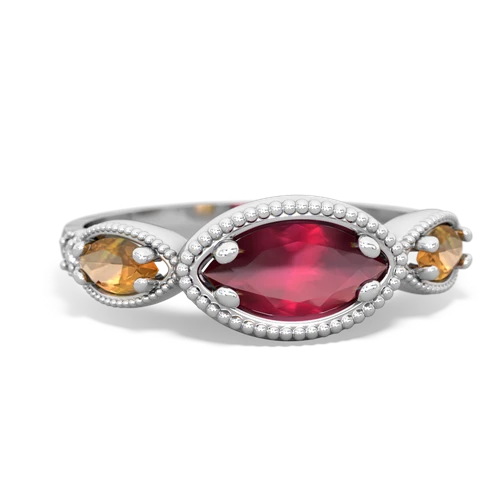 Genuine Ruby with Genuine Citrine and Lab Created Emerald Antique Style Keepsake ring