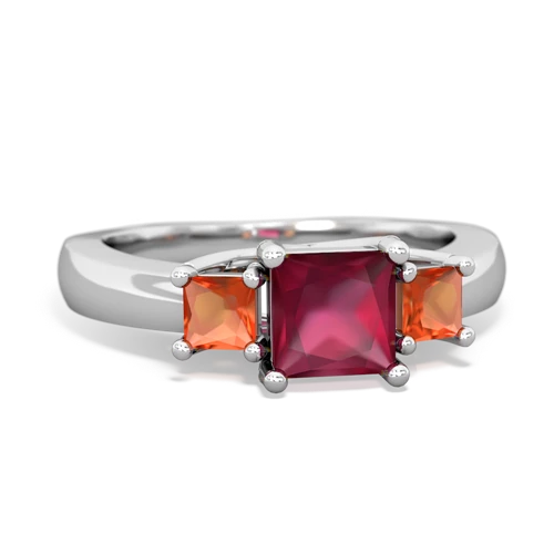 Genuine Ruby with Genuine Fire Opal and Genuine Fire Opal Three Stone Trellis ring