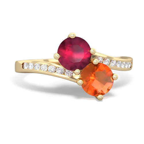 ruby-fire opal two stone channel ring