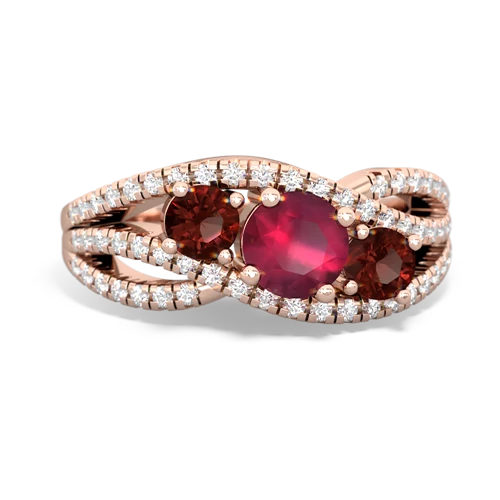 ruby-garnet three stone pave ring