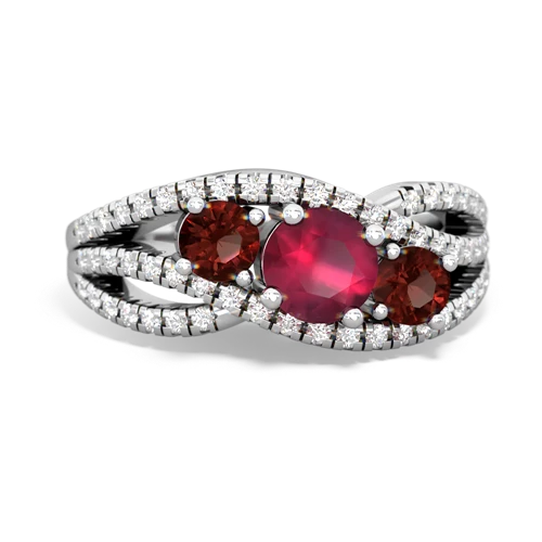 ruby-garnet three stone pave ring