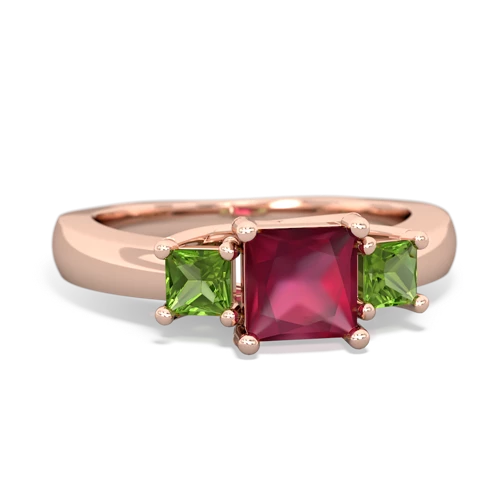Ruby Genuine Ruby with Genuine Peridot and Genuine Peridot Three Stone Trellis ring Ring