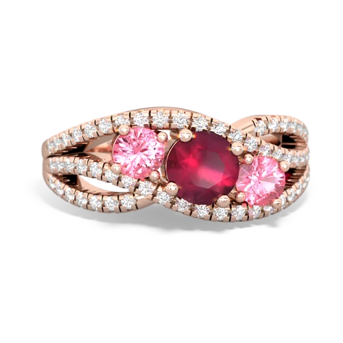 ruby-pink sapphire three stone pave ring