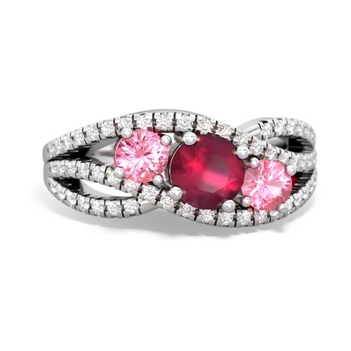 ruby-pink sapphire three stone pave ring