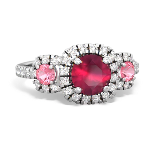 ruby-pink sapphire three stone regal ring