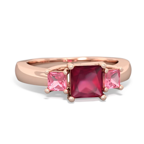 Ruby Genuine Ruby with Lab Created Pink Sapphire and Genuine Swiss Blue Topaz Three Stone Trellis ring Ring