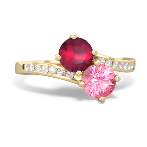 ruby-pink sapphire two stone channel ring