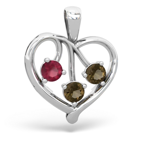 Genuine Ruby with Genuine Smoky Quartz and Lab Created Ruby Glowing Heart pendant