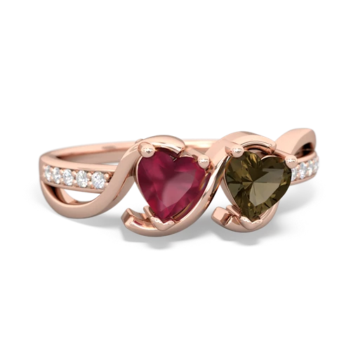 ruby-smoky quartz double heart ring