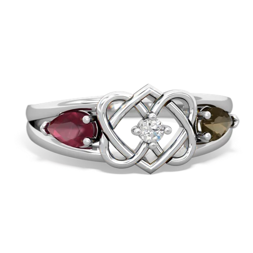 ruby-smoky quartz double heart ring