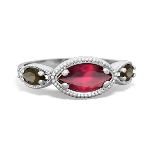 Ruby Genuine Ruby with Genuine Smoky Quartz and Genuine Sapphire Antique Style Keepsake ring Ring