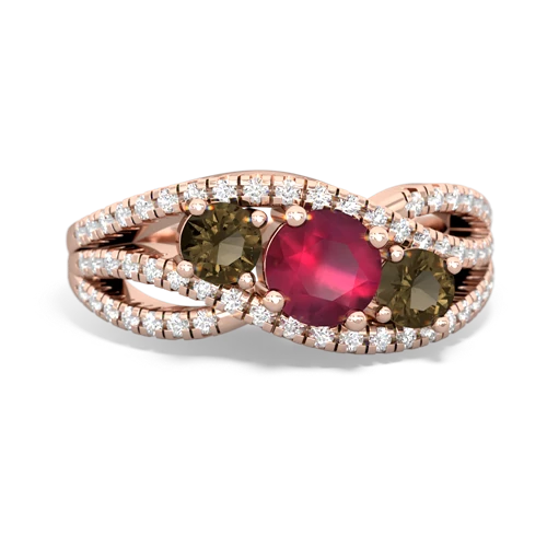 ruby-smoky quartz three stone pave ring