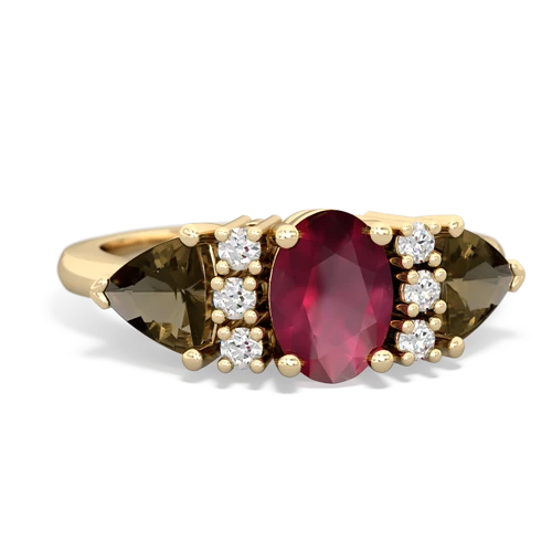 Ruby Genuine Ruby with Genuine Smoky Quartz and Lab Created Pink Sapphire Antique Style Three Stone ring Ring
