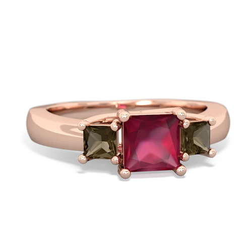 Genuine Ruby with Genuine Smoky Quartz and Lab Created Ruby Three Stone Trellis ring