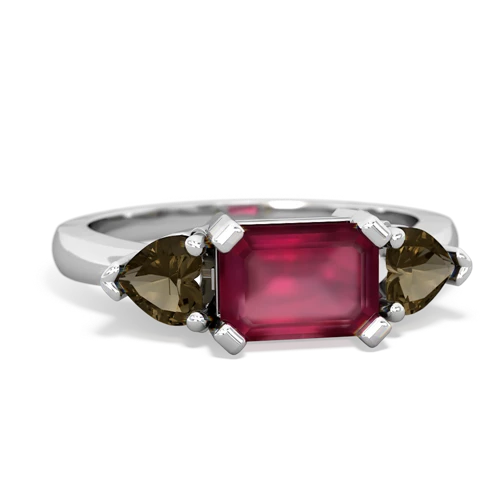 Genuine Ruby with Genuine Smoky Quartz and Lab Created Ruby Three Stone ring