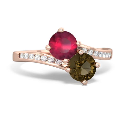 ruby-smoky quartz two stone channel ring