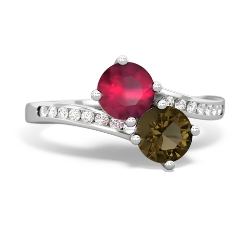 ruby-smoky quartz two stone channel ring