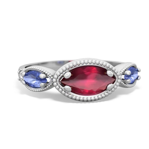 Genuine Ruby with Genuine Tanzanite and Genuine Aquamarine Antique Style Keepsake ring