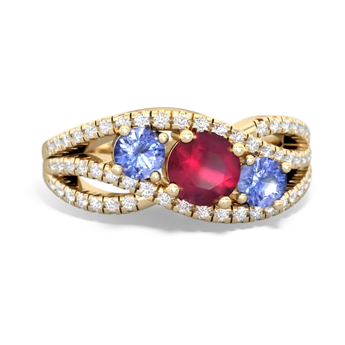 ruby-tanzanite three stone pave ring