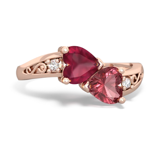 Ruby Genuine Ruby with Genuine Pink Tourmaline Snuggling Hearts ring Ring