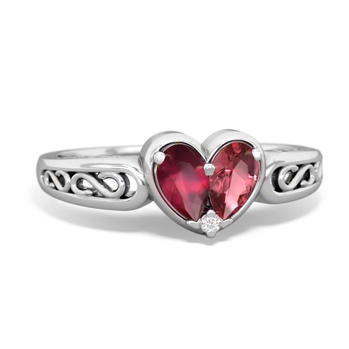 Ruby Genuine Ruby with Genuine Pink Tourmaline filligree Heart ring Ring