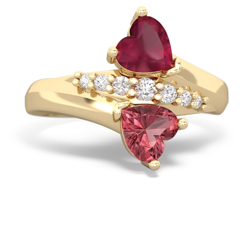 Ruby Genuine Ruby with Genuine Pink Tourmaline Heart to Heart Bypass ring Ring