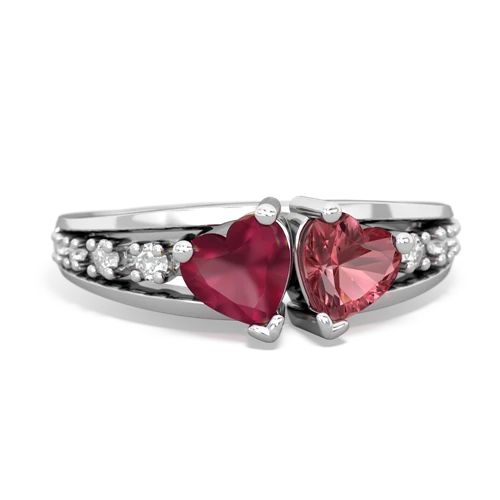 Ruby Genuine Ruby with Genuine Pink Tourmaline Heart to Heart ring Ring