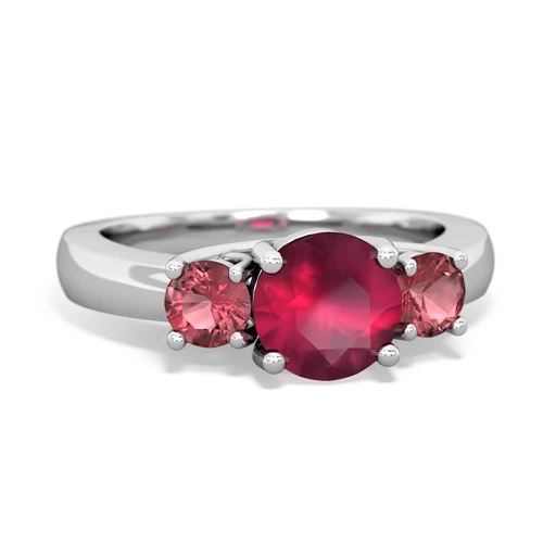 Genuine Ruby with Genuine Pink Tourmaline and Lab Created Sapphire Three Stone Trellis ring