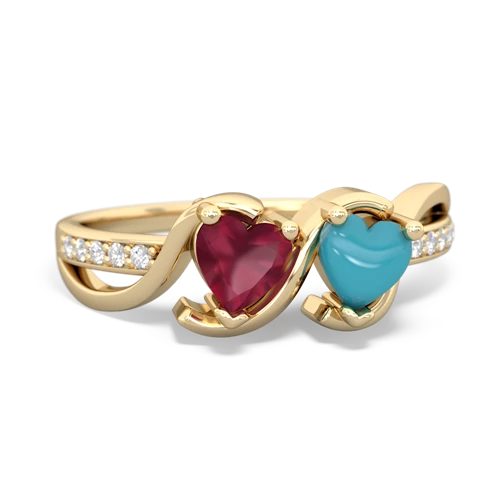 ruby-turquoise double heart ring