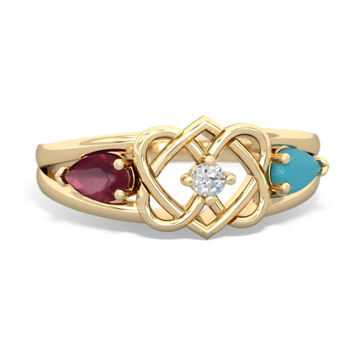 ruby-turquoise double heart ring