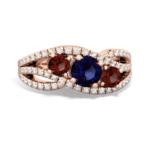 sapphire-garnet three stone pave ring