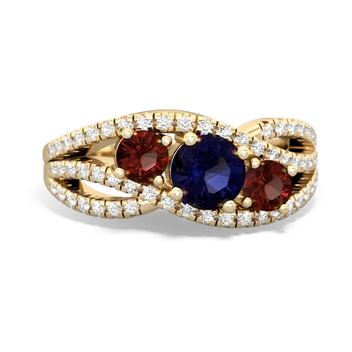 sapphire-garnet three stone pave ring