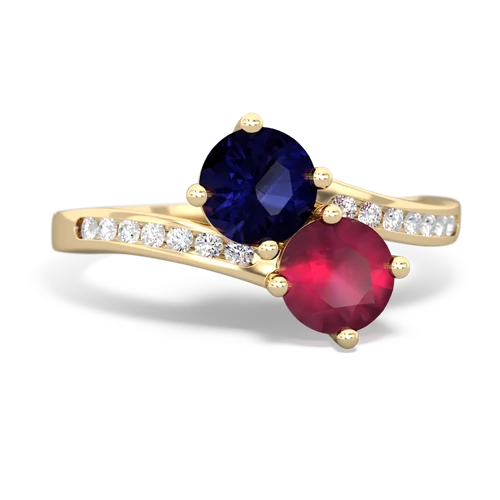 sapphire-ruby two stone channel ring